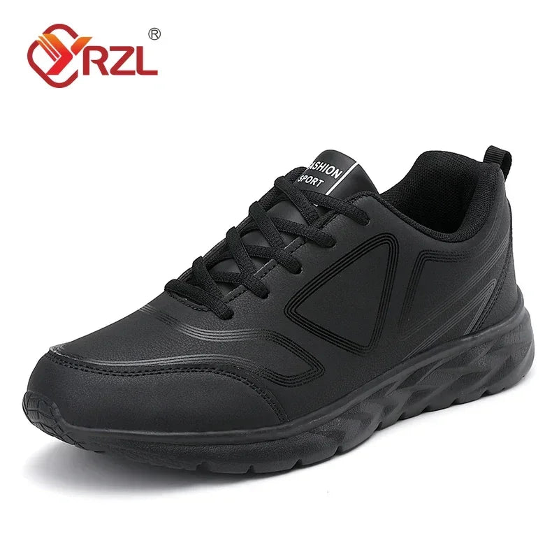 YRZL Black Running Shoes Leather Waterproof Athletic Sneakers Men Wear-resistant Men Walking Sport Shoes Comfortable Men Shoes