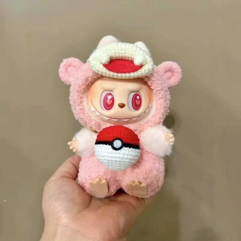 Labubu doll pendant, packaging decoration, rubber doll clothes, rabubu v2v1 sitting party Head cover hat heartbeat macaron 15cm