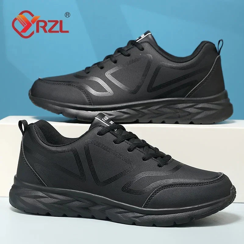 YRZL Black Running Shoes Leather Waterproof Athletic Sneakers Men Wear-resistant Men Walking Sport Shoes Comfortable Men Shoes