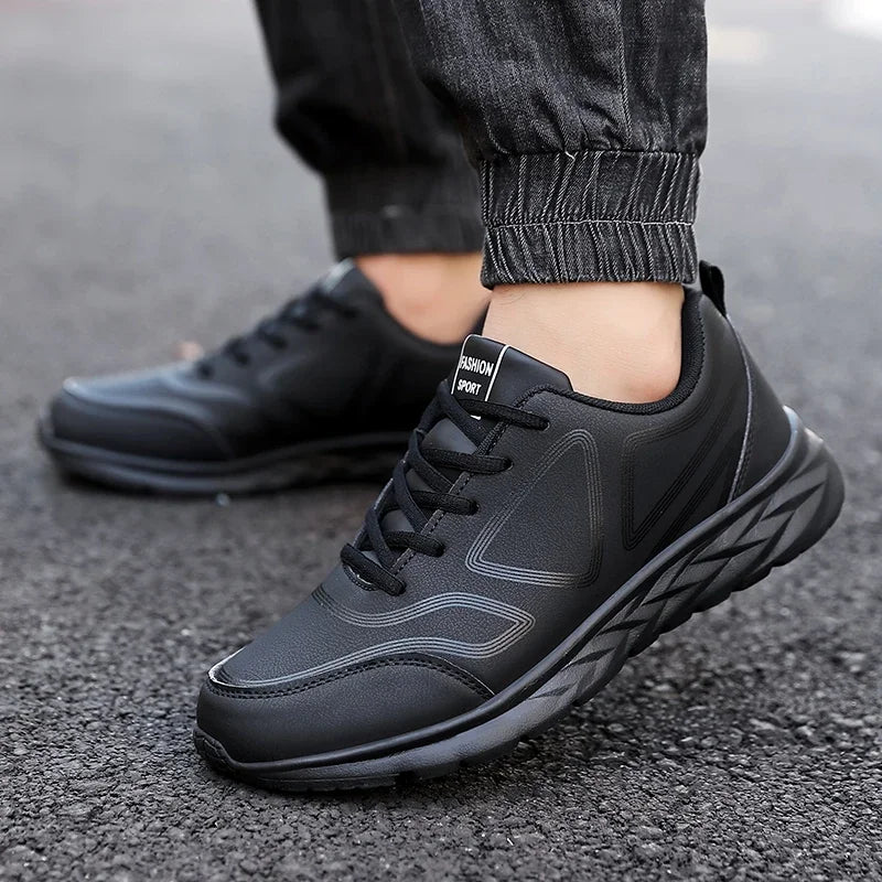 YRZL Black Running Shoes Leather Waterproof Athletic Sneakers Men Wear-resistant Men Walking Sport Shoes Comfortable Men Shoes