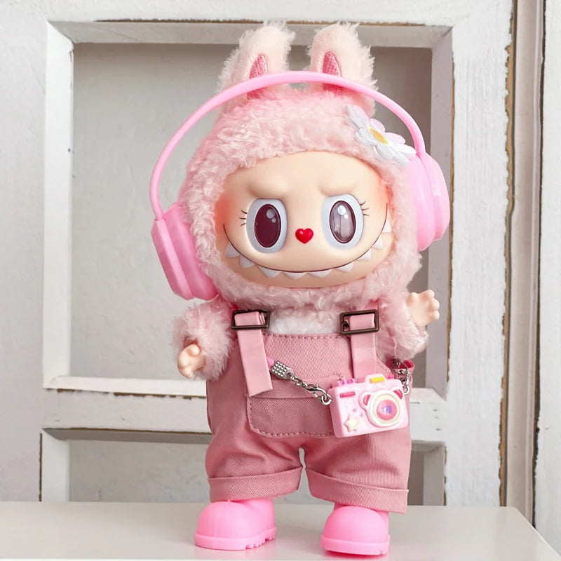 labubu clothes for 15-17cm Labubu clothing set includes headphones waist belt pants and accessories