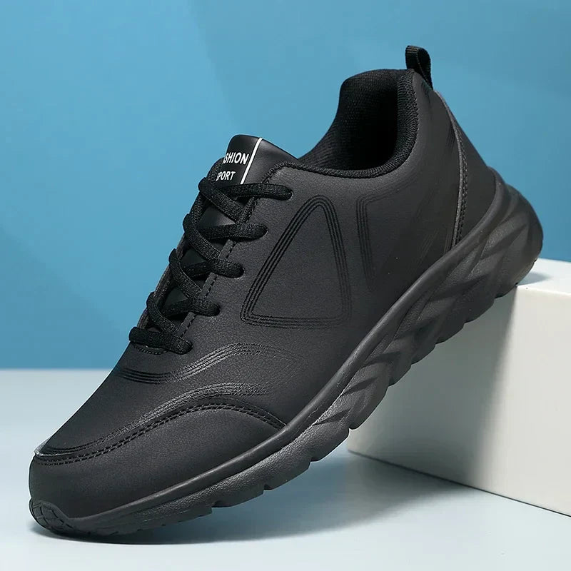 YRZL Black Running Shoes Leather Waterproof Athletic Sneakers Men Wear-resistant Men Walking Sport Shoes Comfortable Men Shoes