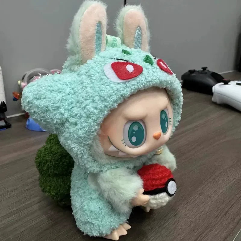 Labubu doll pendant, packaging decoration, rubber doll clothes, rabubu v2v1 sitting party Head cover hat heartbeat macaron 15cm