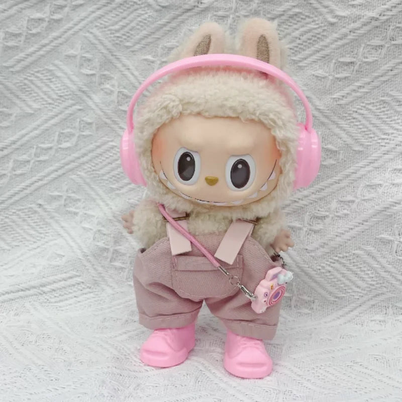 labubu clothes for 15-17cm Labubu clothing set includes headphones waist belt pants and accessories