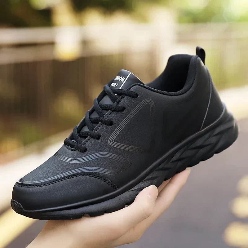 YRZL Black Running Shoes Leather Waterproof Athletic Sneakers Men Wear-resistant Men Walking Sport Shoes Comfortable Men Shoes
