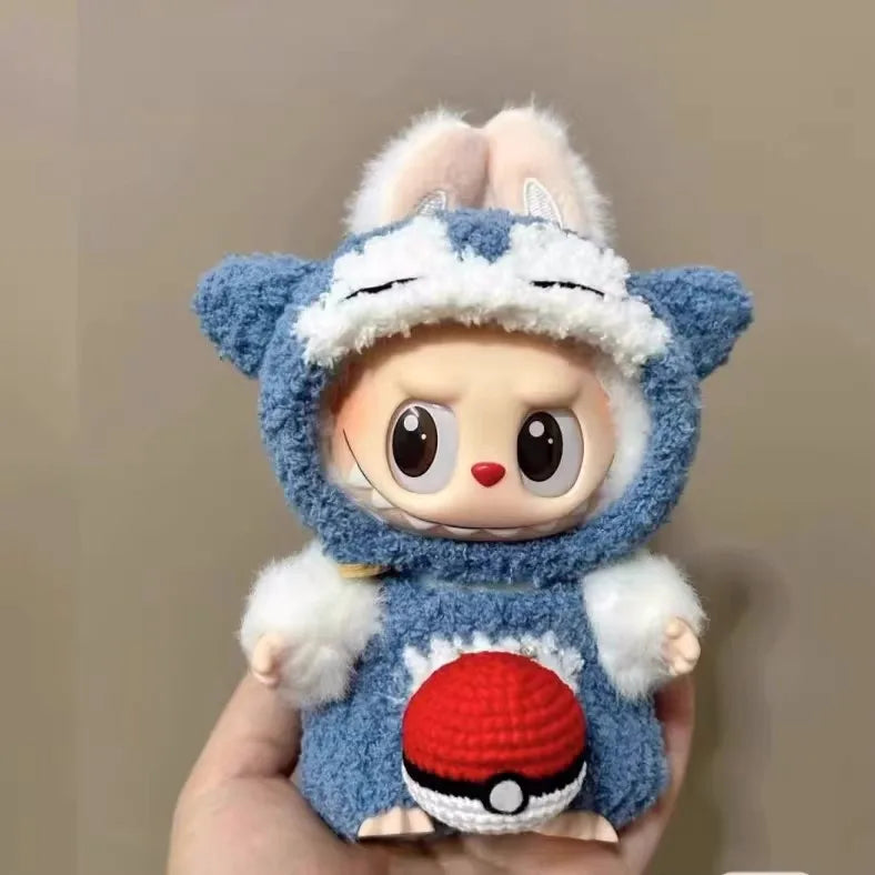 Labubu doll pendant, packaging decoration, rubber doll clothes, rabubu v2v1 sitting party Head cover hat heartbeat macaron 15cm