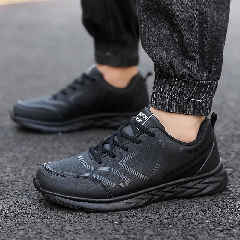 YRZL Black Running Shoes Leather Waterproof Athletic Sneakers Men Wear-resistant Men Walking Sport Shoes Comfortable Men Shoes