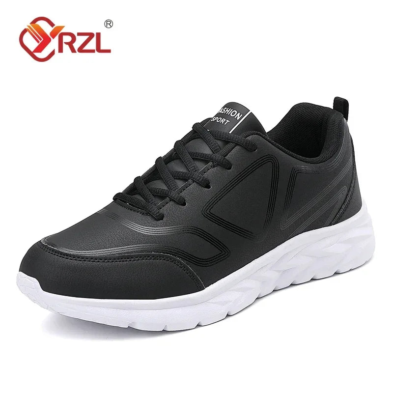 YRZL Black Running Shoes Leather Waterproof Athletic Sneakers Men Wear-resistant Men Walking Sport Shoes Comfortable Men Shoes